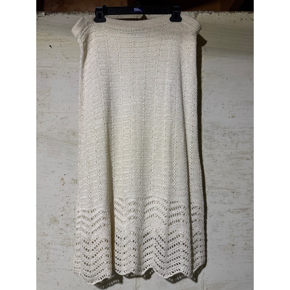 VTG Spiegel Ivory Crochet Midi Skirt Gold Metallic Shimmer Scalloped Comfort XL